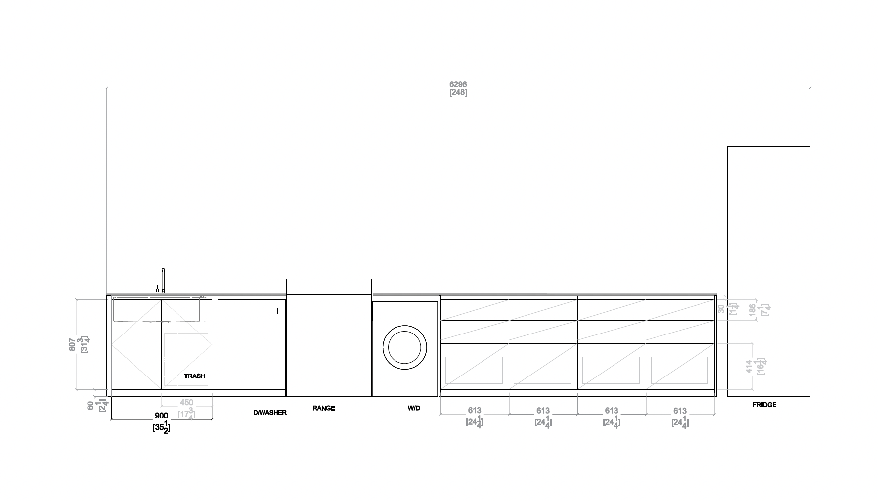 AutoCAD kitchen elevation drawing with dimensions