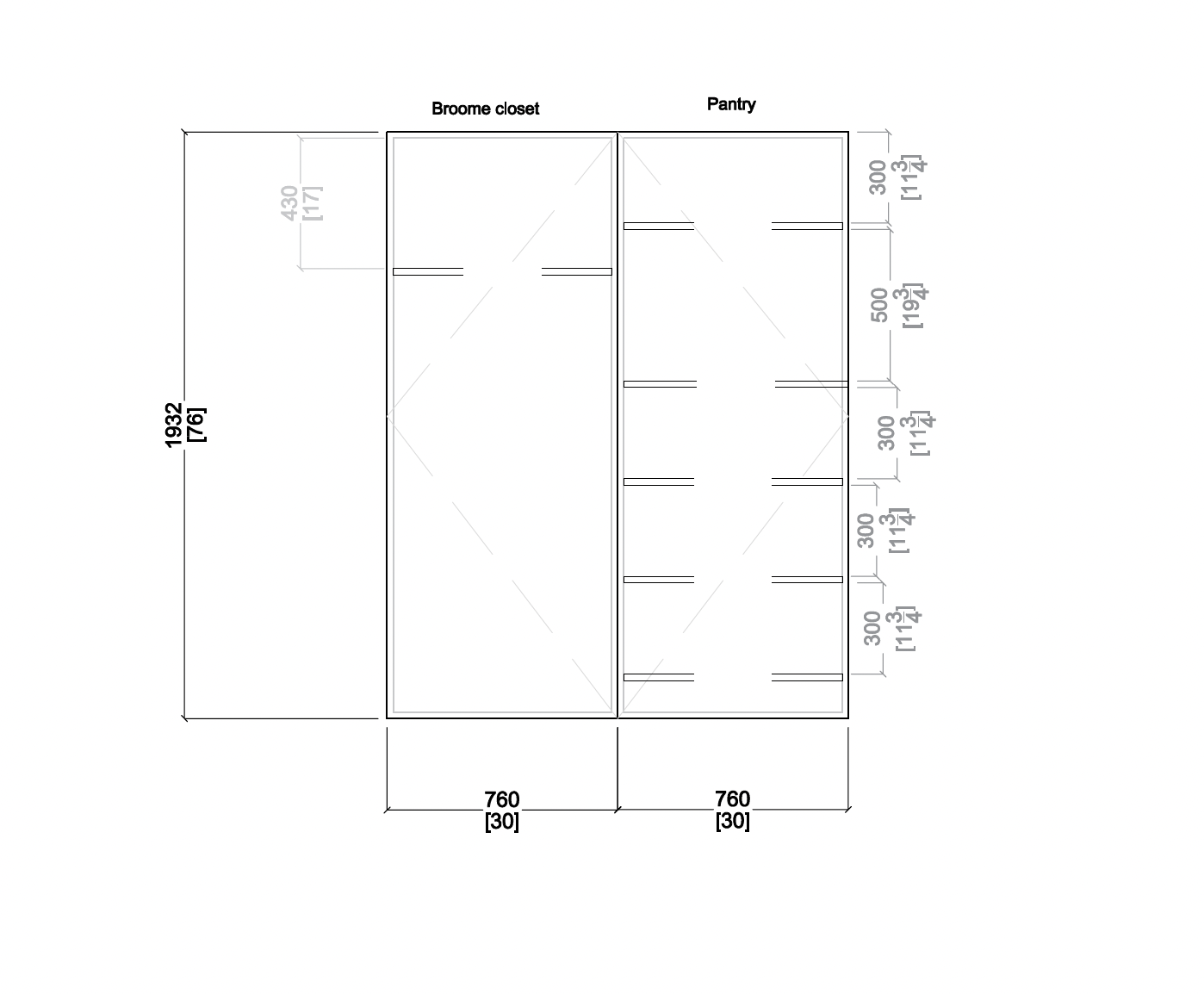 AutoCAD broom closet and pantry drawing with dimensions