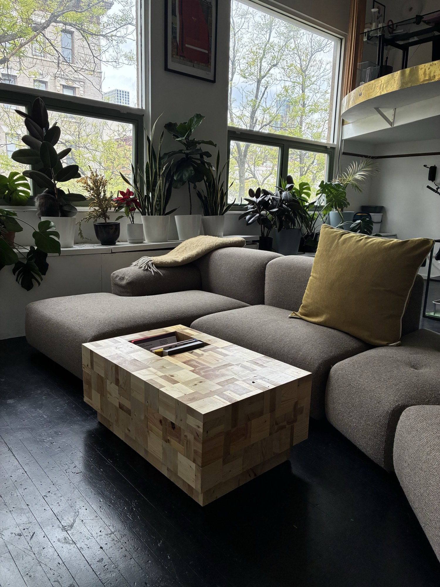 Custom-designed patchwork pine coffee table